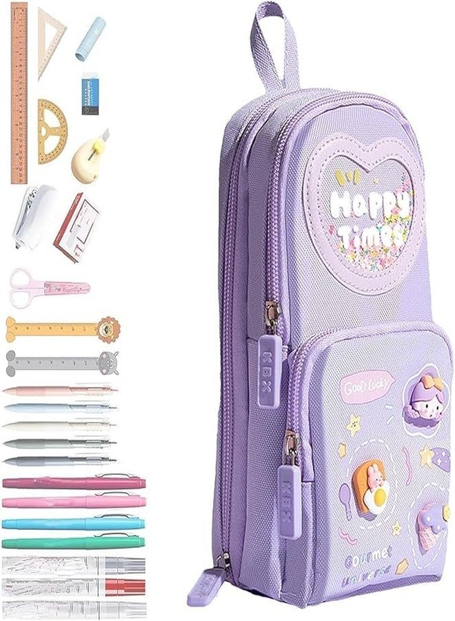 Veemok Premium Canvas Pencil Case - 3 Compartments, 6 Layer Large Capacity Zipper Pouch - Cute Aesthetic “Happy Time” Design for Girls, School Kids, and Office Use - (Pack-1) (Purple) - Image 2
